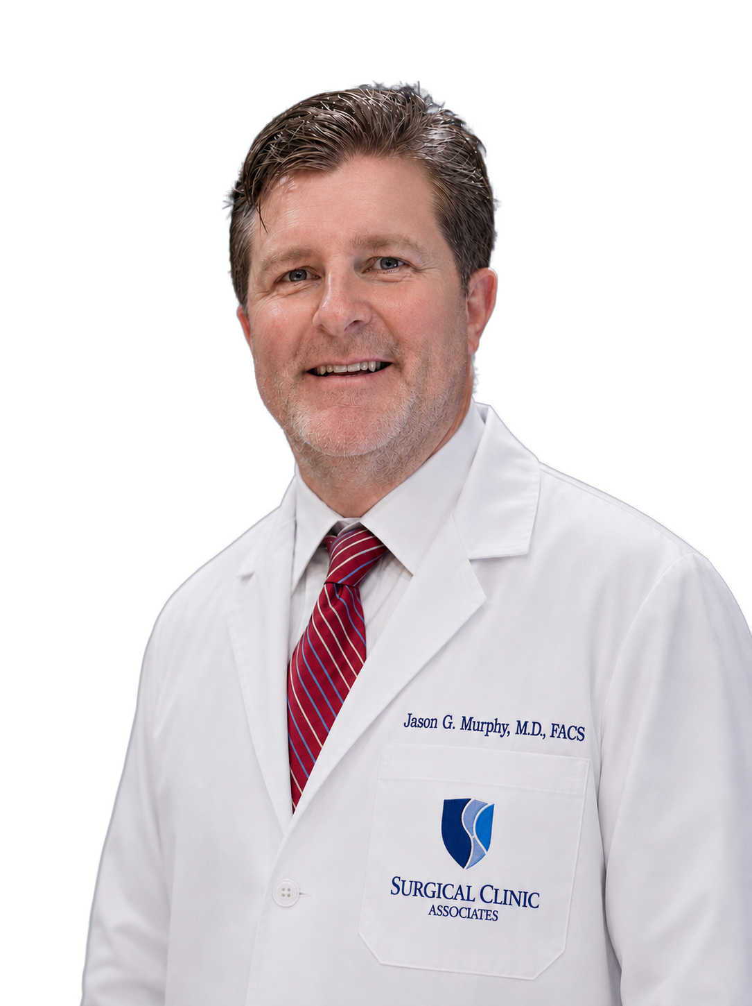 Portrait of Jason G. Murphy, MD, FACS, in a white coat