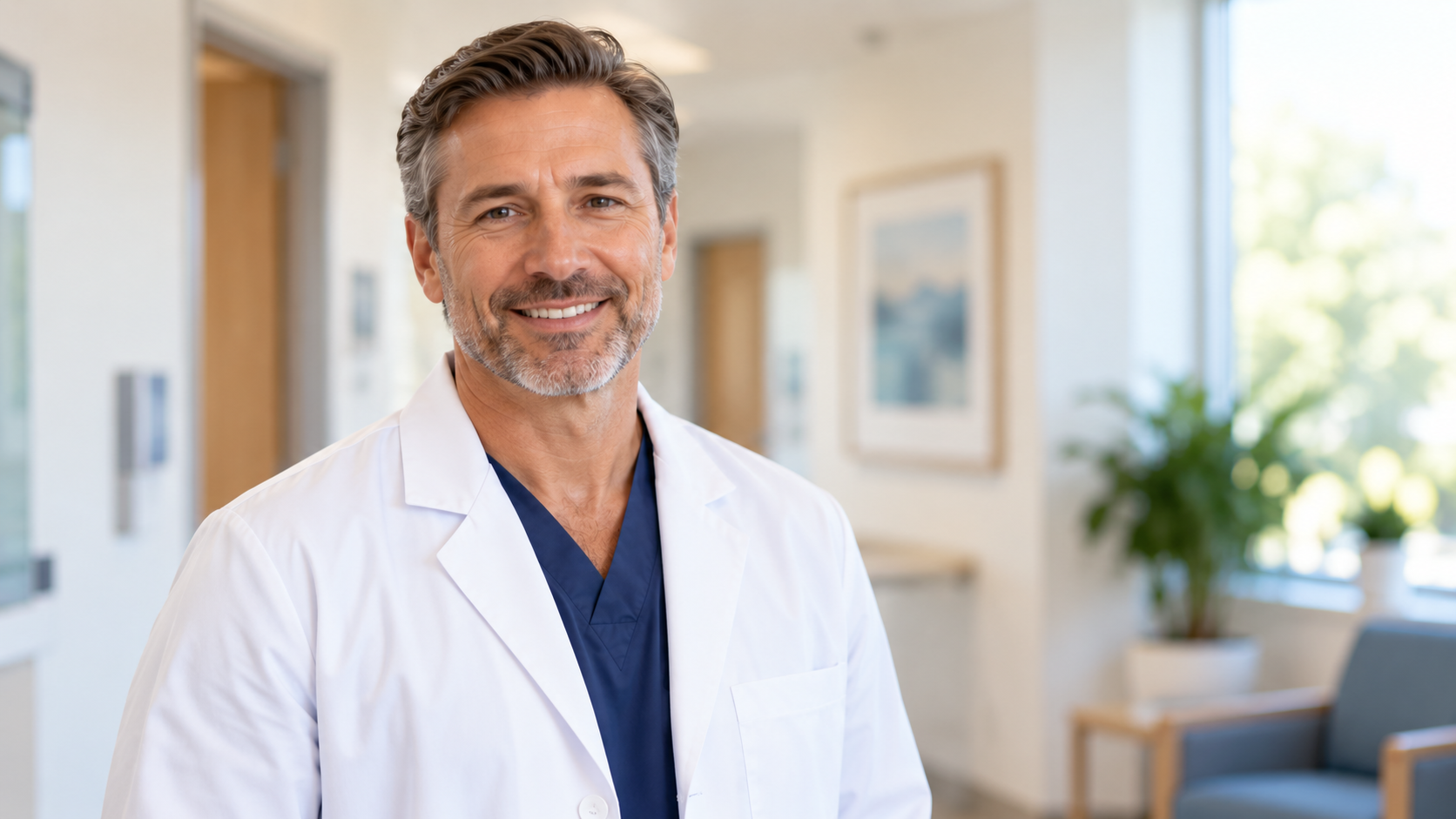 A physician in a white coat standing in a bright clinic hallway